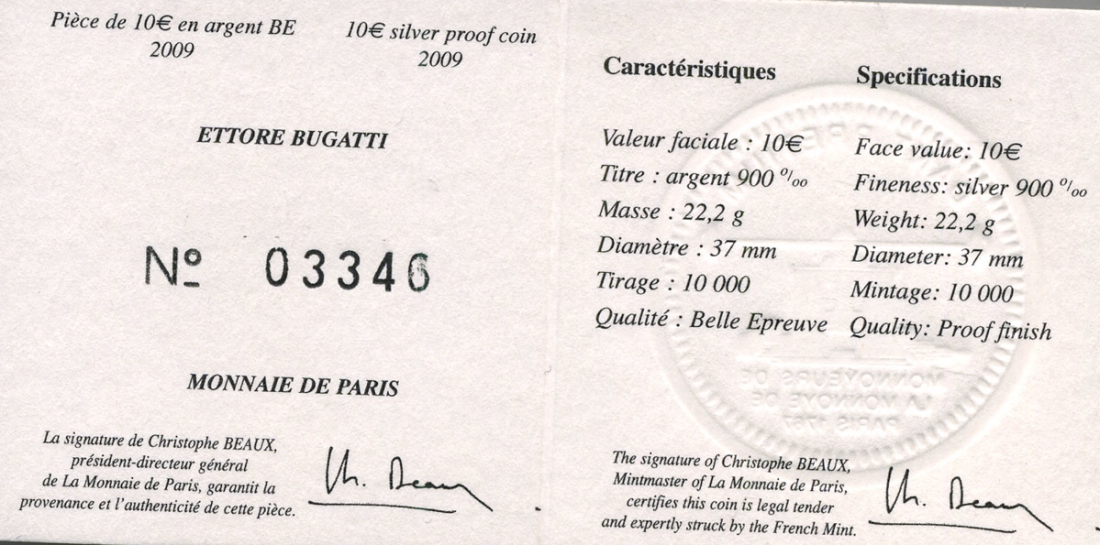 Франция 10 евро 2009 100 лет компании Бугатти, Этторе Бугатти, в оригинальной коробке, сертификат KM 1606 серебро PROOF 3-6-1-32