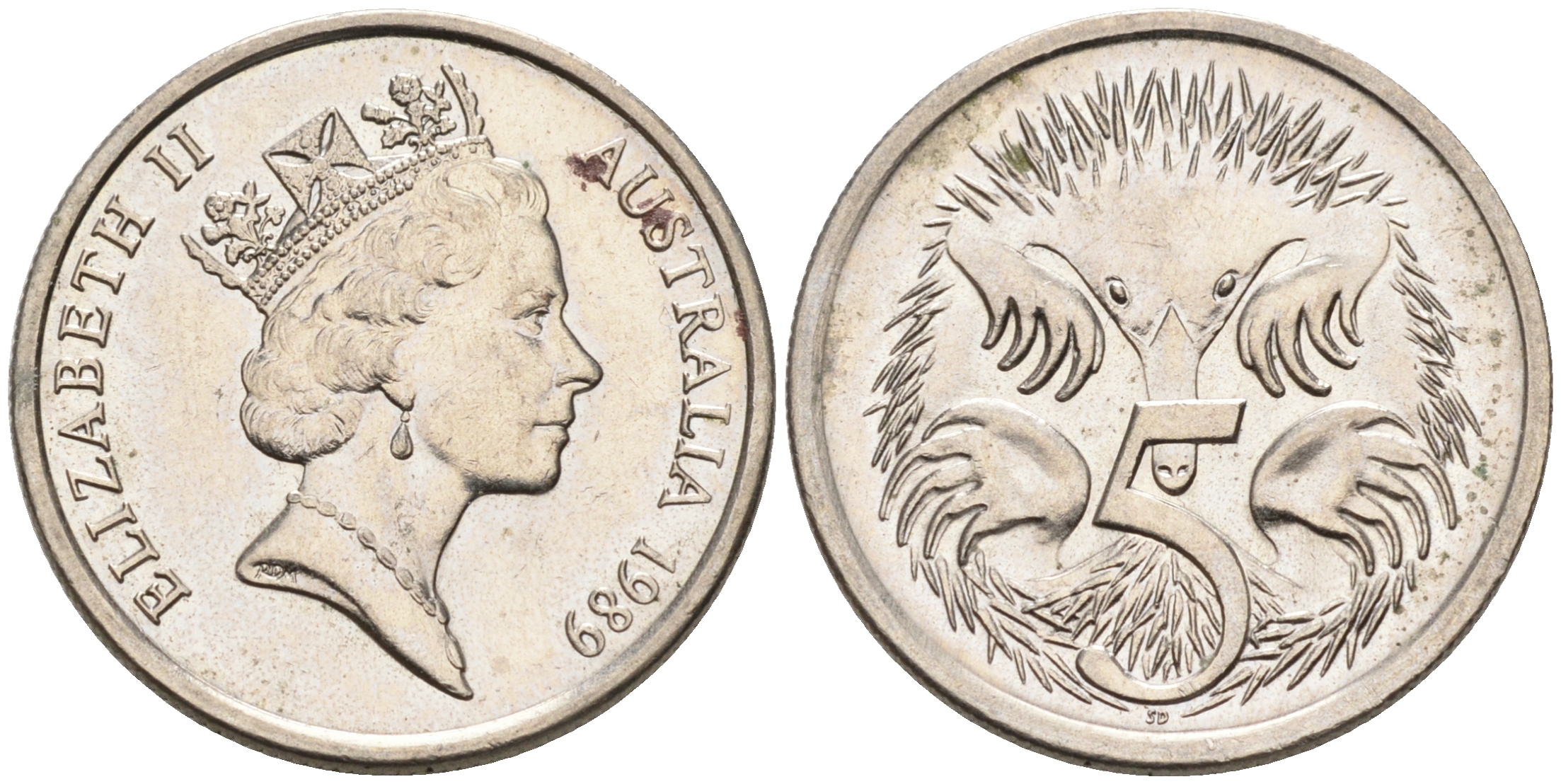 АВСТРАЛИЯ 5 ЦЕНТОВ 1989 ЕЛИЗАВЕТА II, ВТОРОЙ ПОРТРЕТ В КОРОНЕ, ЕХИДНА KM 80 медно-никель 4564-231