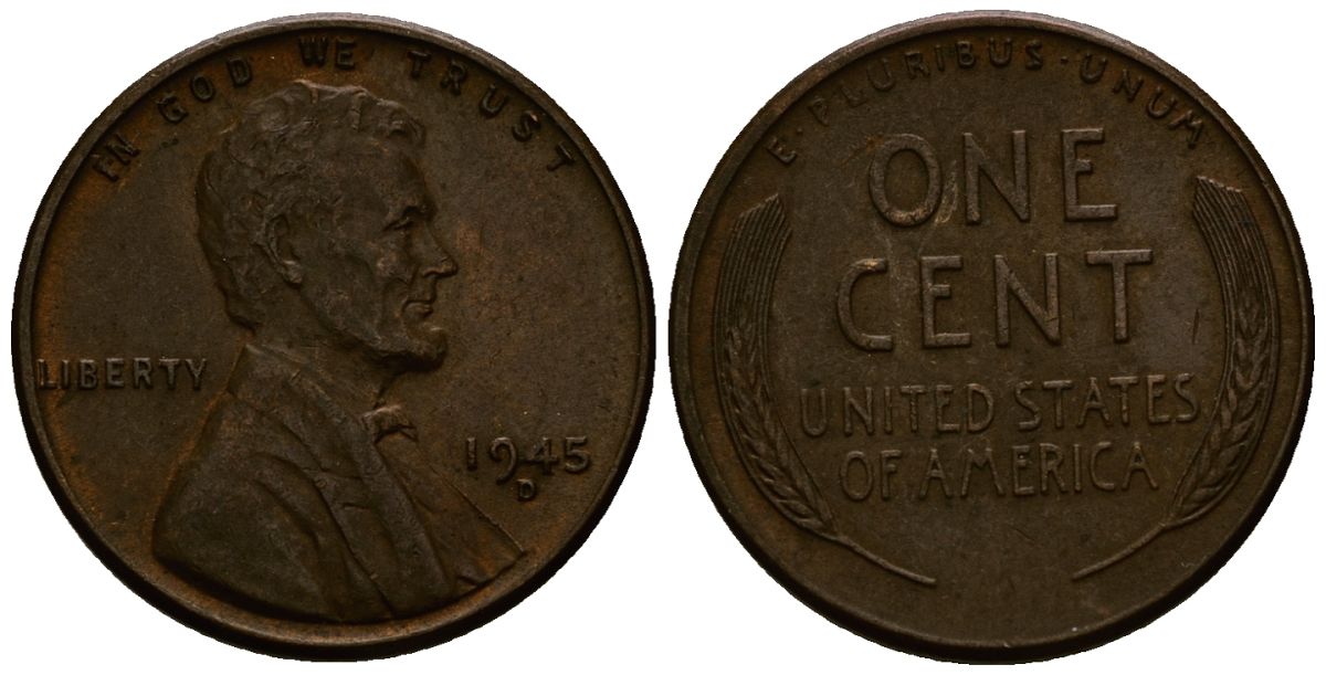 США 1 цент 1945 Линкольн, D KM A132 медь цинк 4164-849