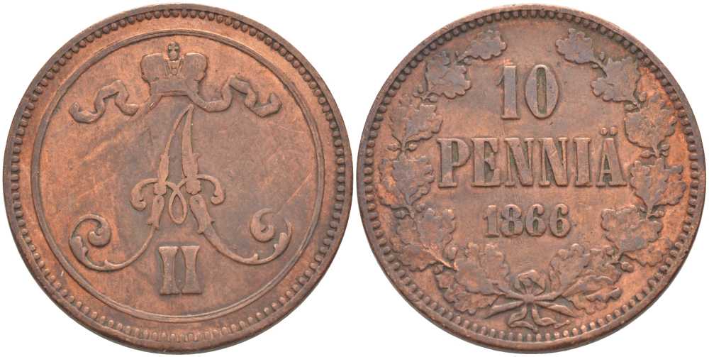 РОССИЯ ДЛЯ ФИНЛЯНДИИ 10 ПЕННИ 1866 АЛЕКСАНДР II KM 5.1, Биткин 652 медь 633-945