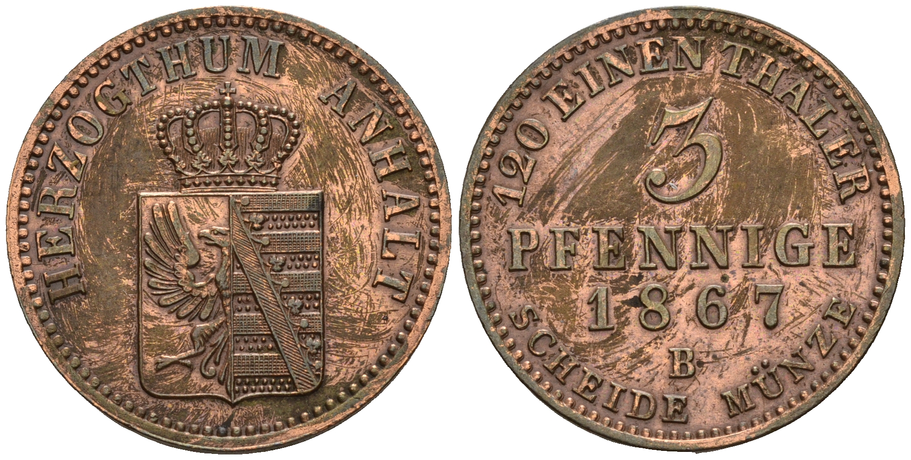 Ангальт-Бернбург 3 пфеннига 1867 B, Леопольд IV (1863-1871) KM 98, Jaeger 68, AKS 33 медь 219-313