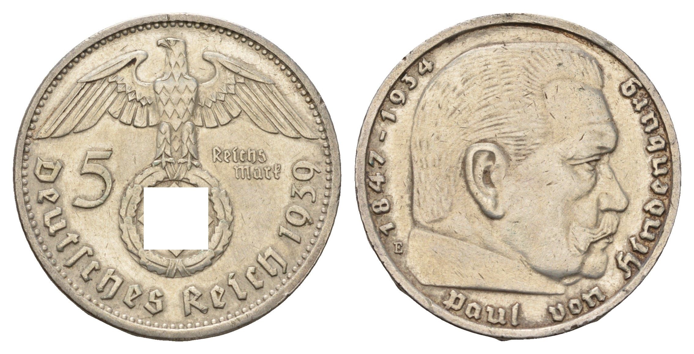 Германия 5 рейхсмарок 1939 E, Пауль фон Гинденбург (1847-1934) KM 94, J. 367 серебро 1517-431