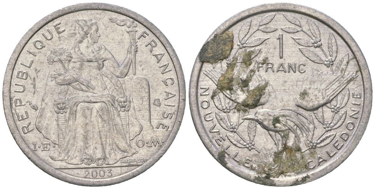 Французская Новая Каледония 1 франк 2003 птица кагу, (IEOM) KM 10, Schoen 10, Lec 52h алюминий 46-1932