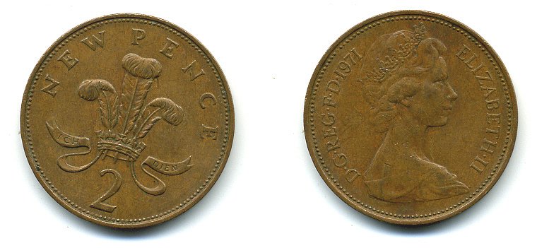 Великобритания 2 пенса 1971 Елизавета II (1952-2022) КМ 916, Spink 4235 (C1) бронза 4110-535