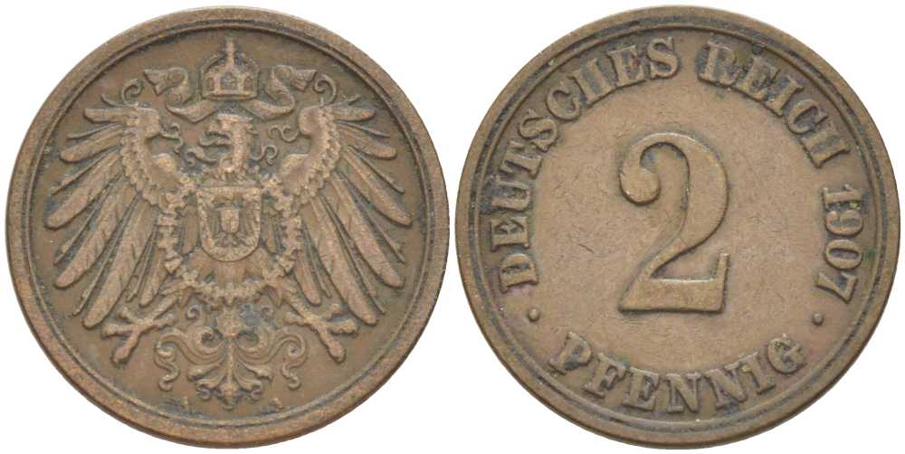 ГЕРМАНИЯ 2 ПФЕННИГА 1907 A KM 16, J. 11, Weege 4 медь 211-517