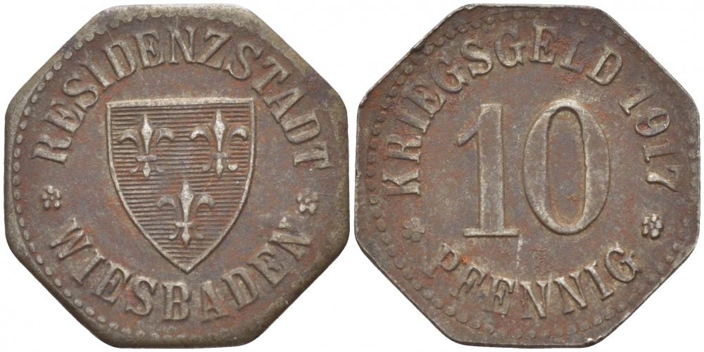 Висбаден 10 пфеннигов 1917 Funck 601.1, Men18 34104.1 железо 3856-1022