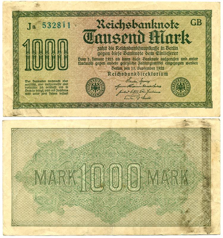 ГЕРМАНИЯ 1000 МАРОК 1922 15 СЕНТЯБРЯ 1922, ВОДЯНОЙ ЗНАК G, БЕЛАЯ БУМАГА Pick 76e бумага 7548-36-1