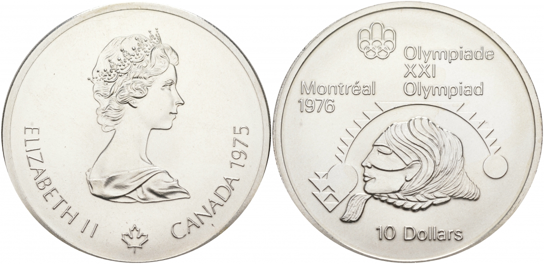 Канада 10 долларов 1975 XXI летние Олимпийские игры в Монреале 1976 года, женское толкание ядра KM 103 серебро UNC 01-172-24