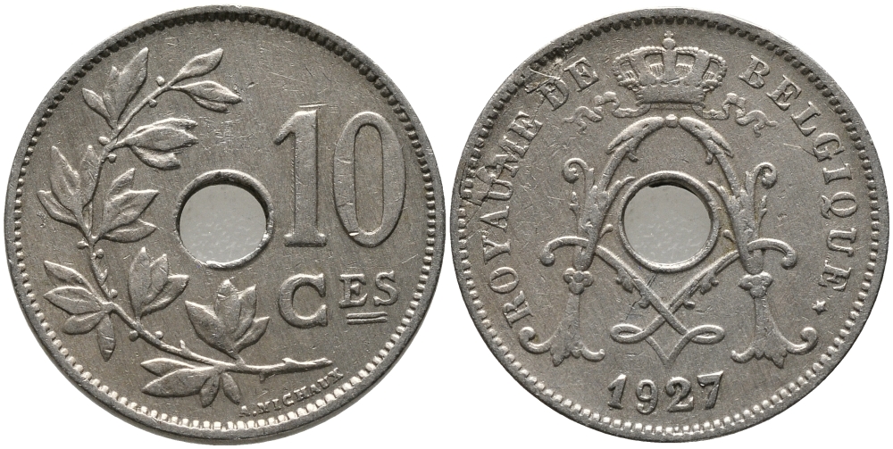 БЕЛЬГИЯ 10 САНТИМОВ 1927 BELGIQUE, БРАК KM 85.1 медно-никель 4381-443