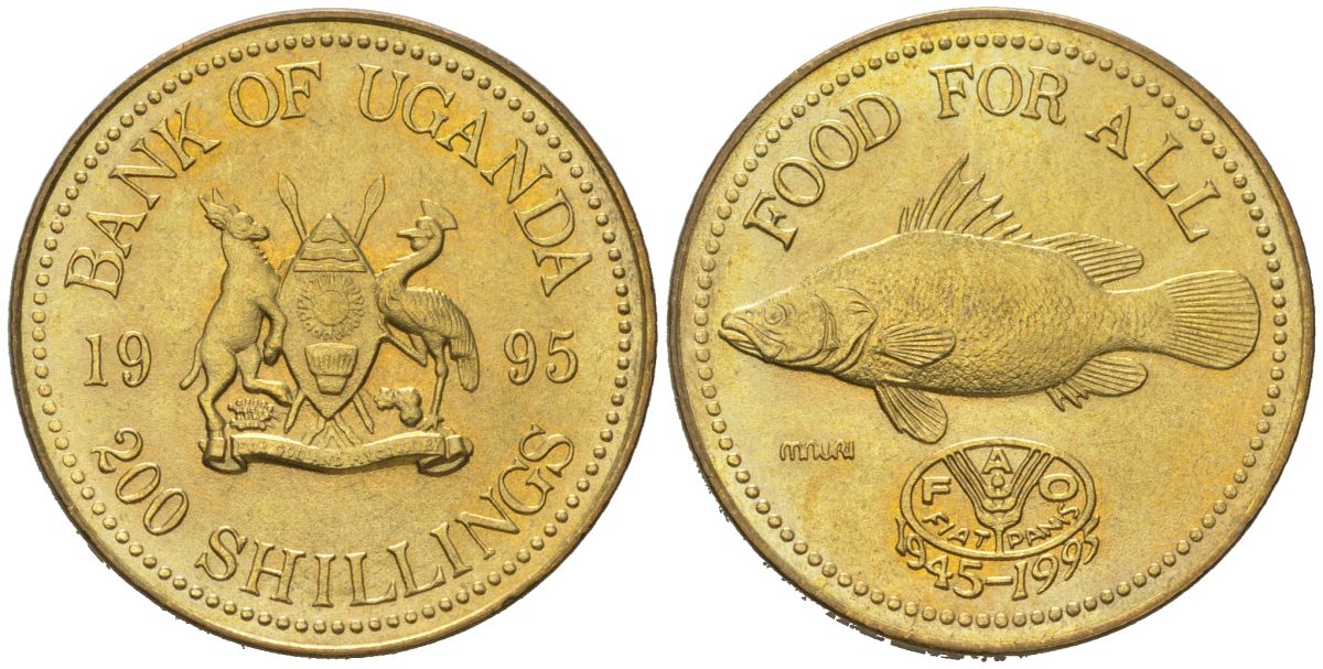Уганда 200 шиллингов 1995 50 лет ФАО KM 148 алюминиевая бронза UNC 4574-1026