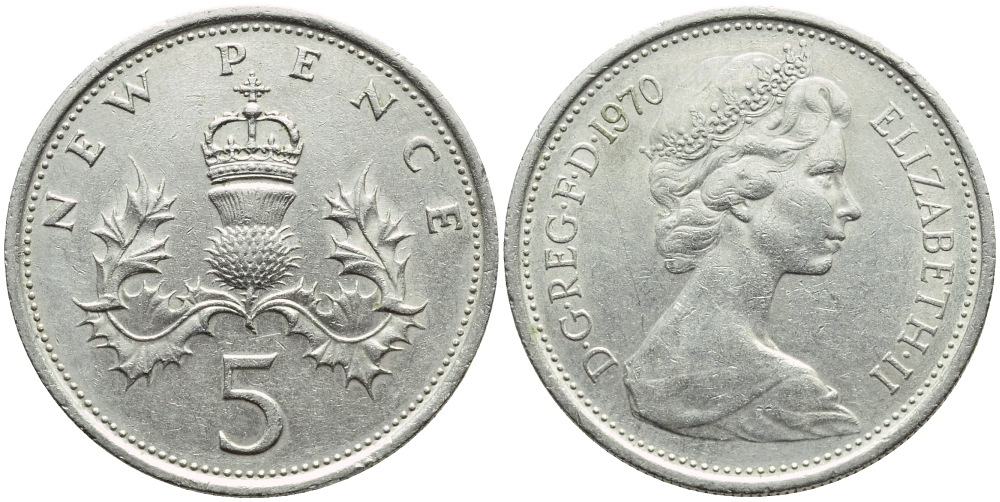 Великобритания 5 пенсов 1970 Елизавета II (1952-2022) KM 911, Spink 4233 (D1) медно-никель 4395-333