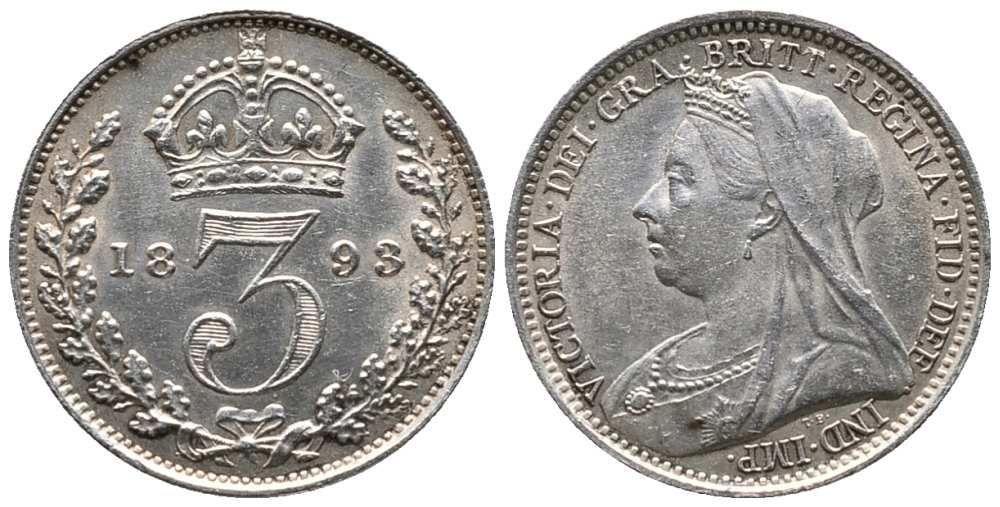 Великобритания 3 пенса 1893 Виктория (1837-1901) KM 777, Spink 3942 серебро UNC 1518-1213