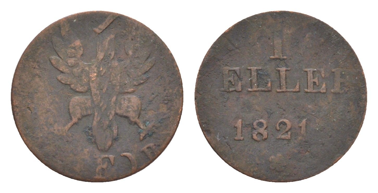 Франкфурт 1 геллер 1821 GB AKS 30, Jaeger 10, KM 301 медь 4636-124