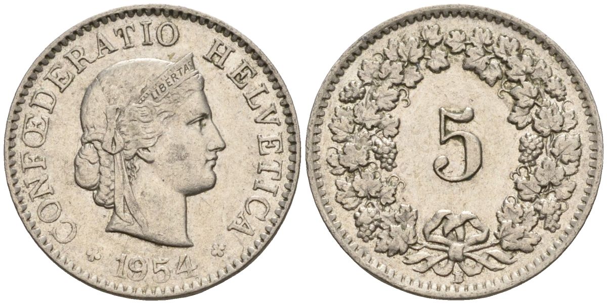 Швейцария 5 раппенов 1954 B KM 26 медно-никель 4608-444