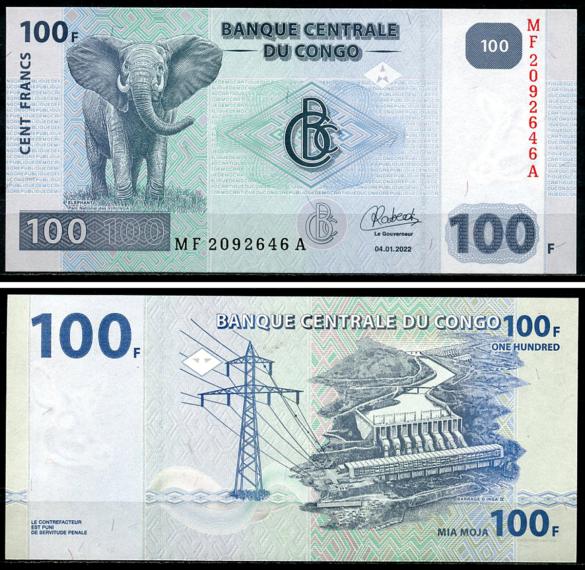 ДР Конго 100 франков 2022 слон, гидроэлектростанция "Инга II", Oberthur Fiduciaire, France Pick 98B  бумага  UNC (пресс) 449-75-3