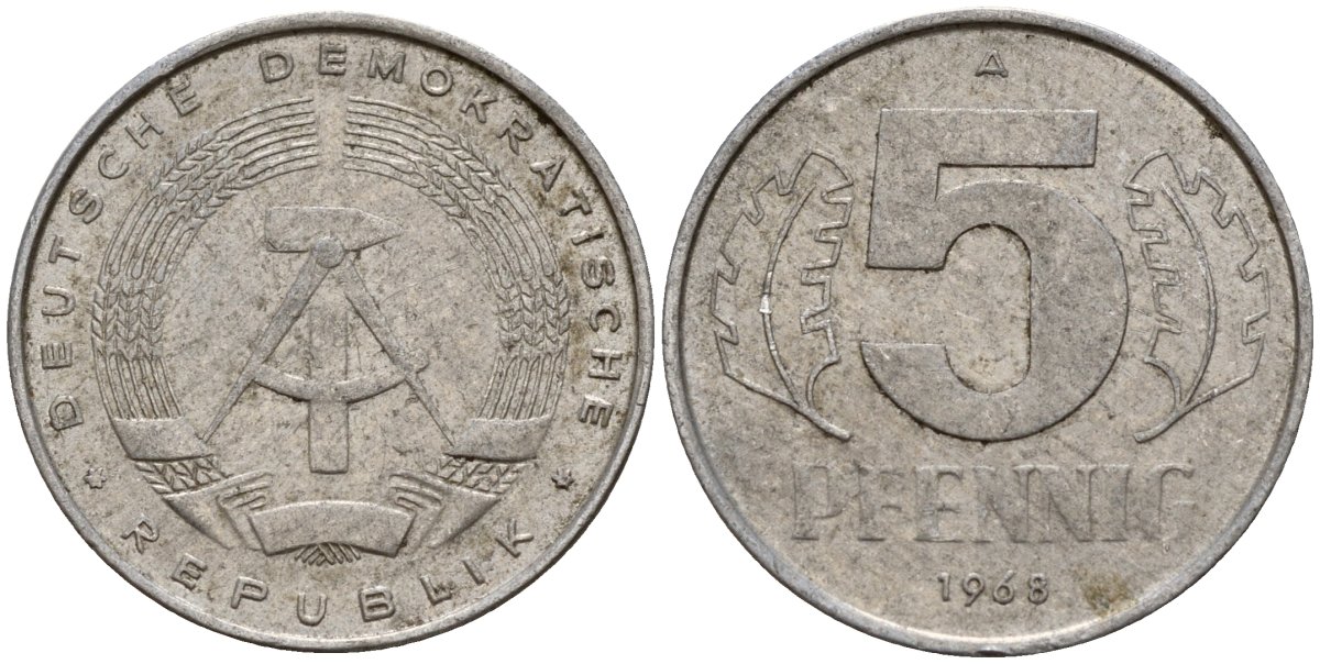 ГДР 5 пфеннигов 1968 A KM 9.1 алюминий 206-666