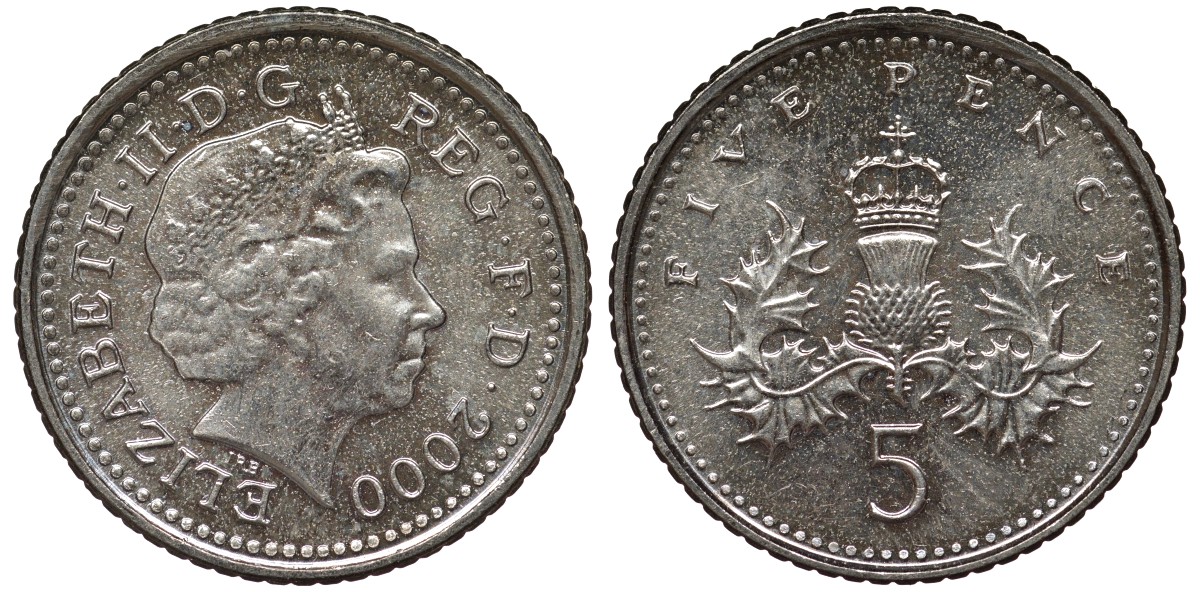 Великобритания 5 пенсов 2000 Елизавета II (1952-2022) KM 988, Spink 4670 (D5) медно-никель UNC 4124-658