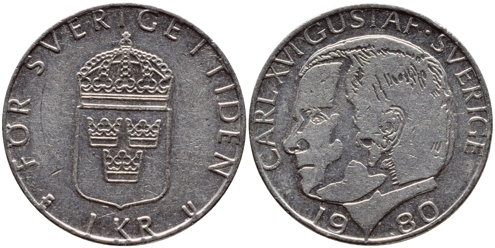 Швеция 1 крона 1980 Карл XVI Густав (1973- ) KM 852 медь плакированная медно-никелем 4397-933