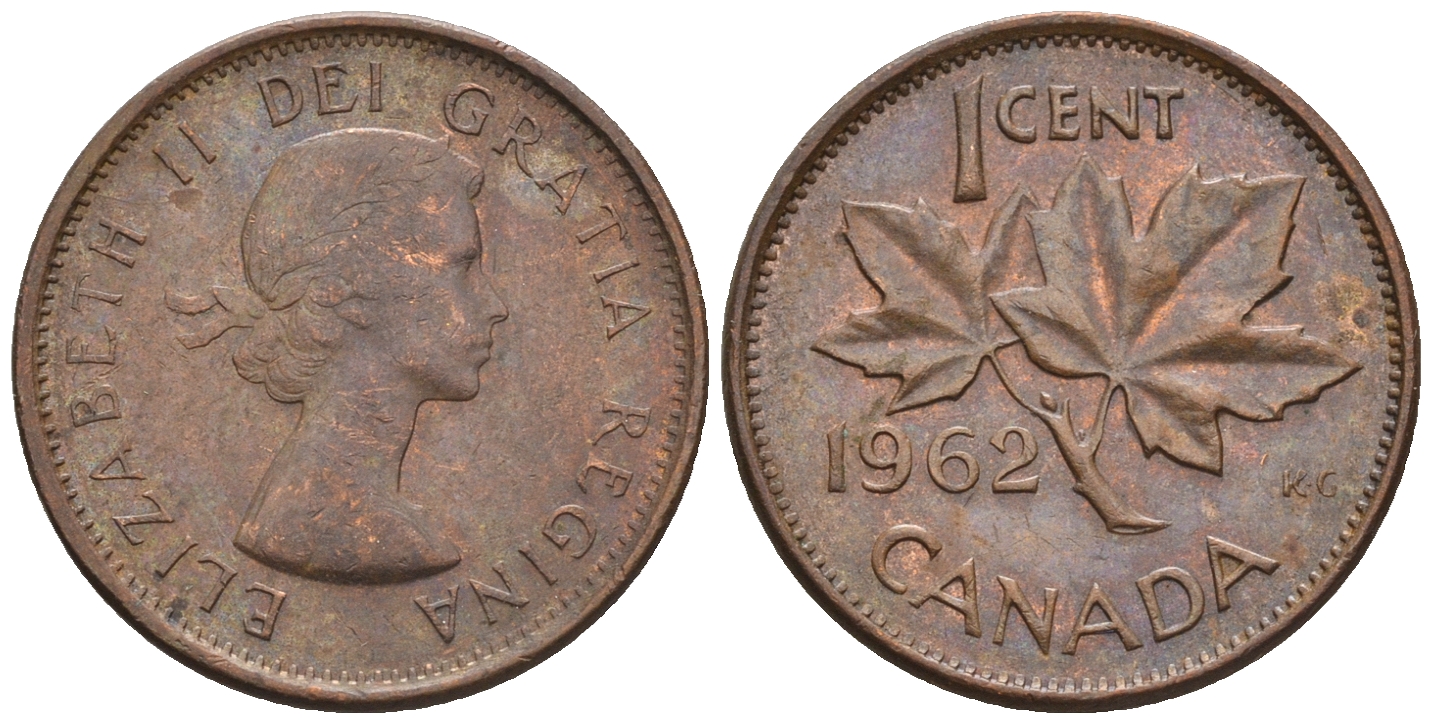 Канада 1 цент 1962 Елизавета II (1952-2022), кленовый лист  KM 49 бронза 4609-121