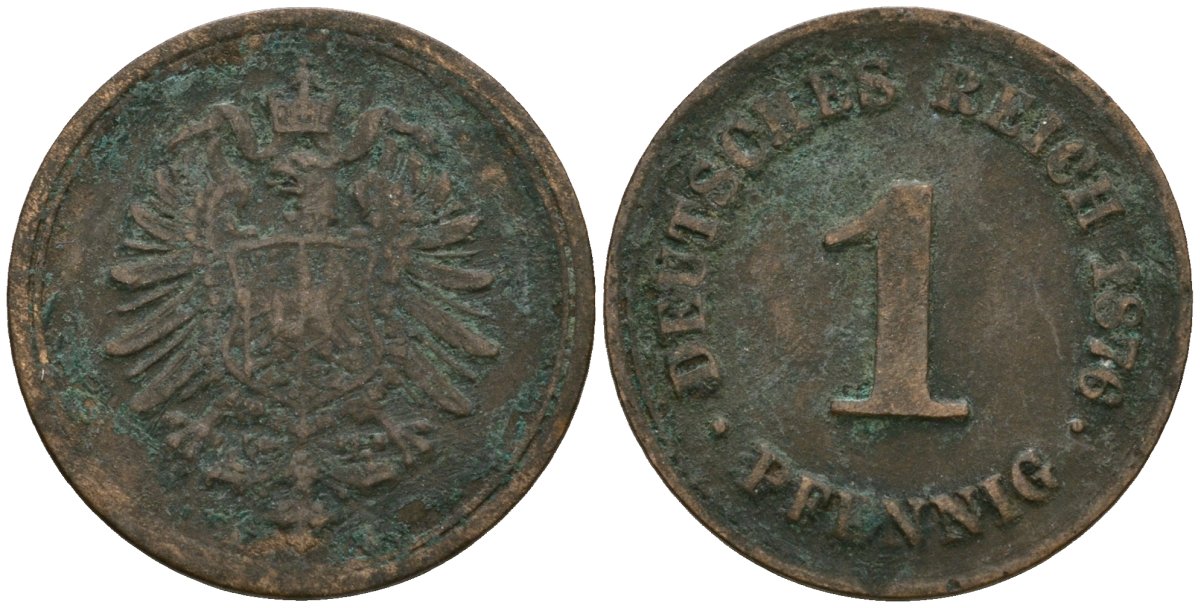 Германия 1 пфенниг 1876 Вильгельм II (1888-1918) KM 1, J. 1 медь 4608-257
