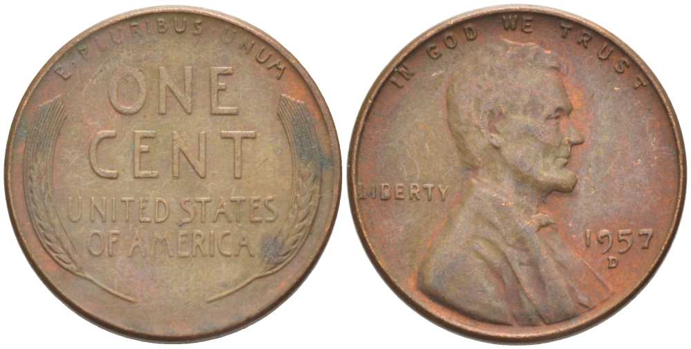 США 1 ЦЕНТ 1957 D, ЛИНКОЛЬН KM А132 медь цинк 218-315