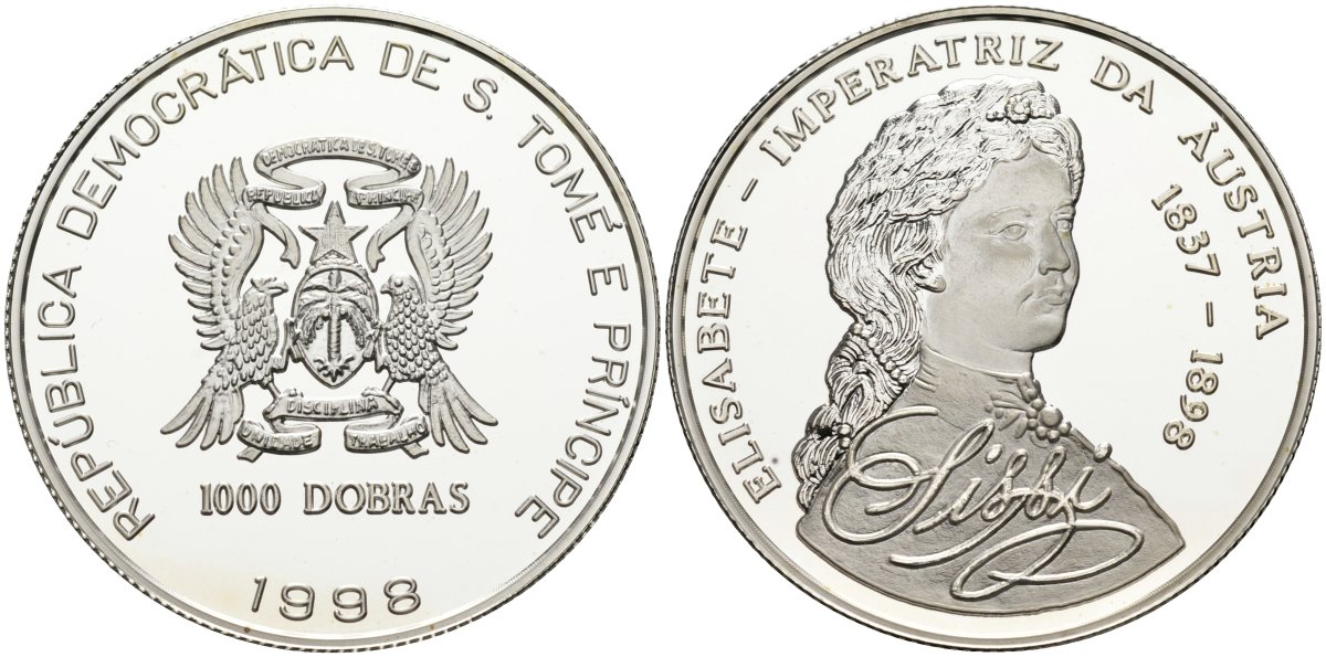 Сан-Томе и Принсипи 1000 добра 1998 Елизавета - императрица Австрии (1837-1898) KM 114 серебро PROOF 00-000-00