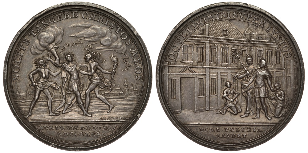 Польша медаль 1771 на чудесное спасение короля Станислава Августа во время неудачного покушения, диаметр 43,1 мм, вес 21,7 г H.-Cz. 3124 серебро 00-814-43