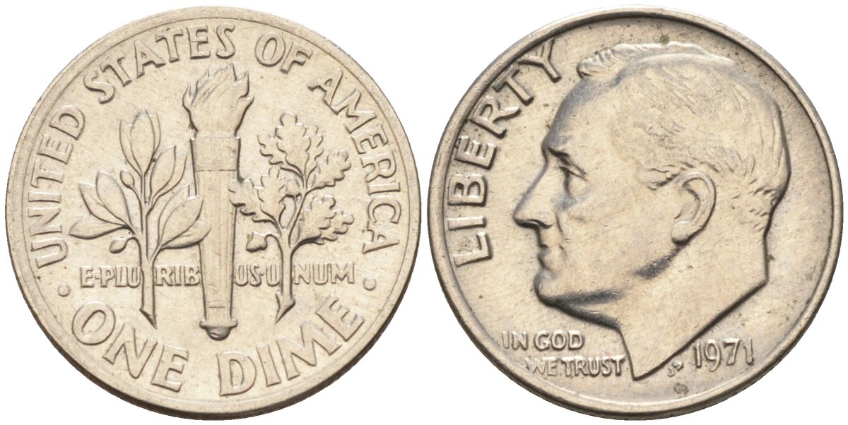 США 10 центов = дайм 1971 Рузвельт KM 195а медь плакированная медно-никелем 4115-755