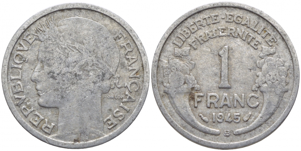 ФРАНЦИЯ 1 ФРАНК 1945 В KM 885а.2 алюминий 4448-324