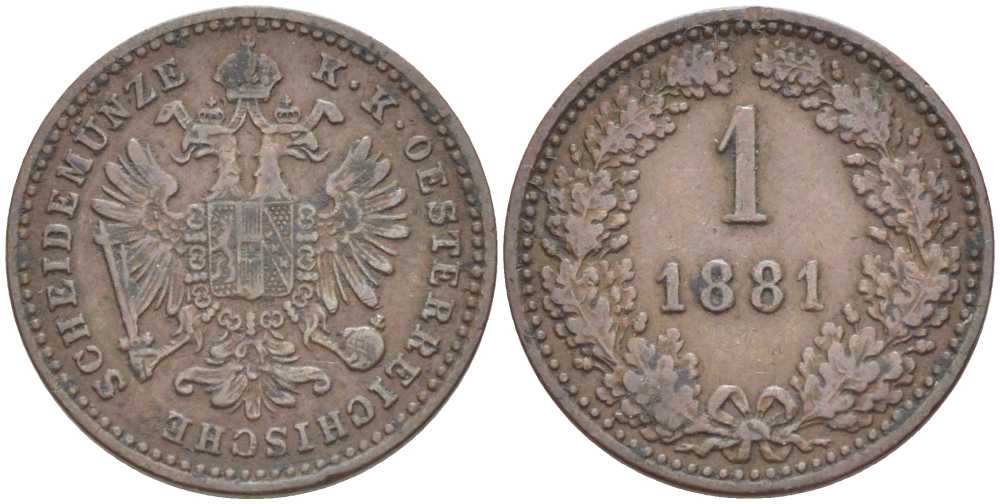 АВСТРИЯ 1 КРЕЙЦЕР 1881 ФРАНЦ ИОСИФ (1846-1918) KM 2186 медь 99-964