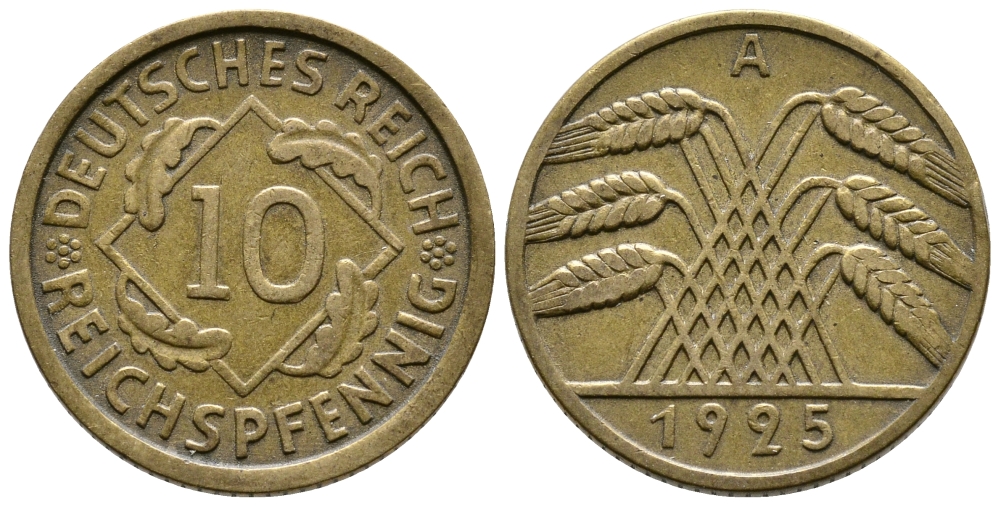 ГЕРМАНИЯ 10 РЕЙХСПФЕННИГОВ 1925 А KM 40, J.317 алюминиевая бронза 80-725