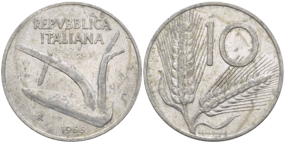 ИТАЛИЯ 10 ЛИР 1966 R, КОЛОСЬЯ, ПЛУГ KM 93 алюминий 4551-157