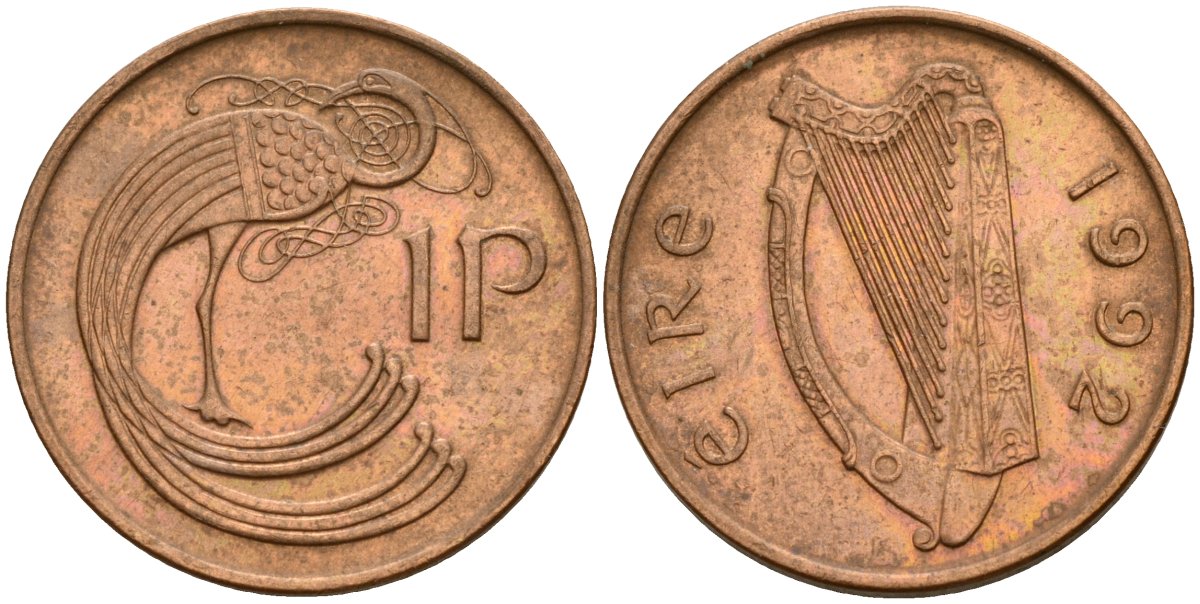 Ирландия 1 пенни 1992 мифологическая птица лира KM 20a бронза 4141-242