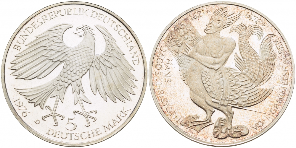 ФРГ 5 марок 1976 D, 300 лет со дня смерти Ганса Якоба Кристоффеля фон Гриммельсгаузена (1622-1676) KM 144, J. 419 серебро PROOF 1087-2-72