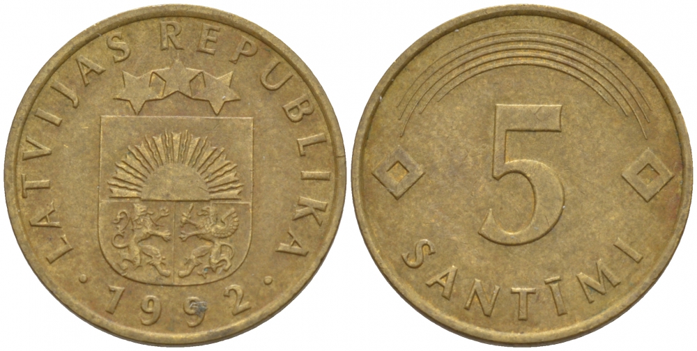 Латвия 5 сантимов 1992 KM 16 латунь 4547-1142