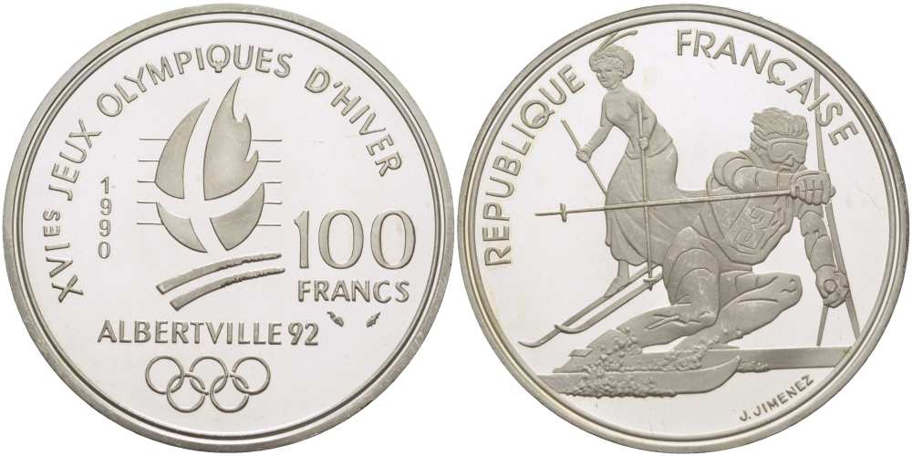 Франция 100 франков 1990 XVI Зимние Олимпийские игры 1992 в Альбервиле, слалом KM 984 серебро PROOF 1074-9-14