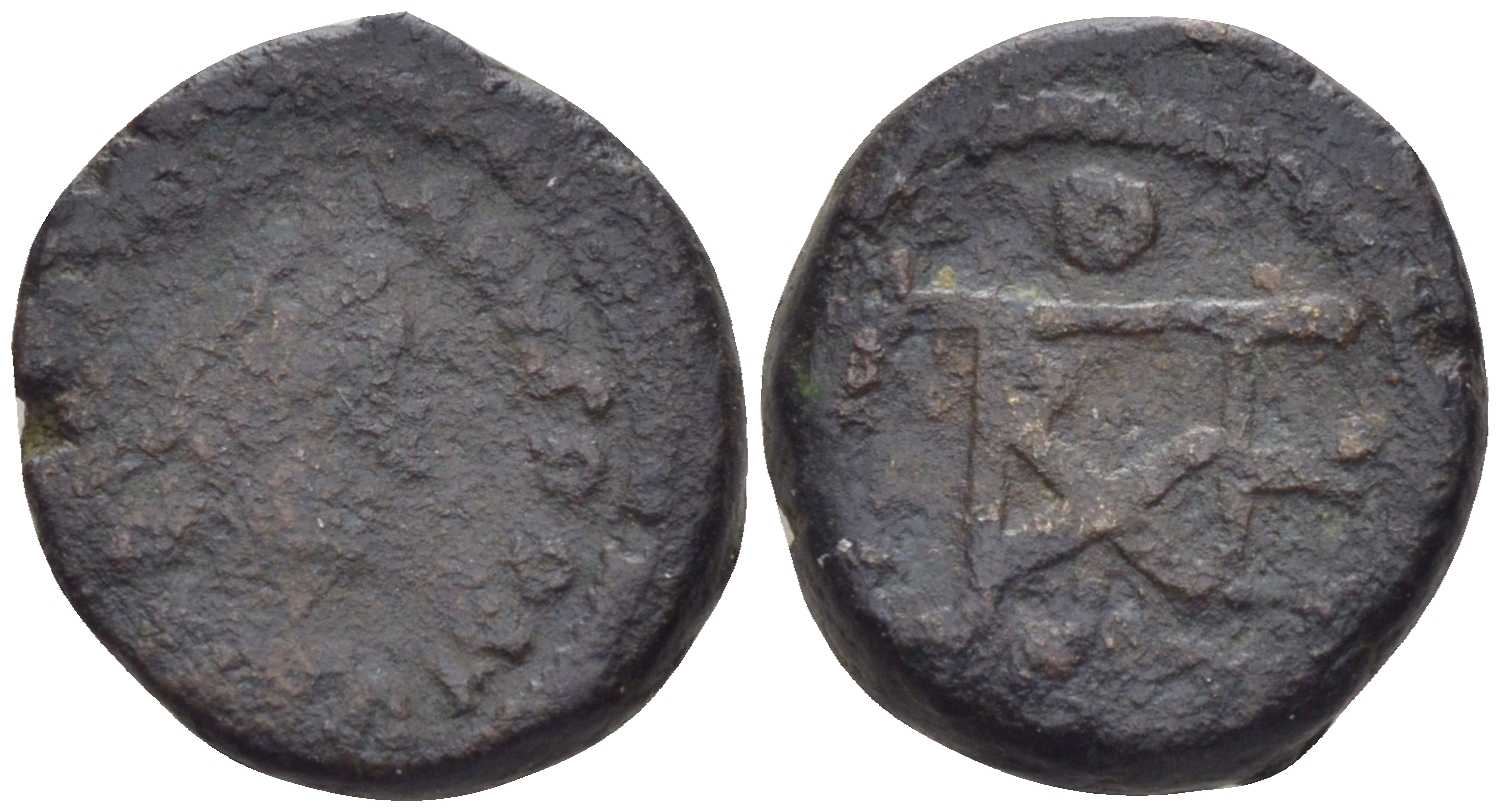 Византийская Империя, Херсонес пентануммий 537 Юстиниан I, DN IVSTINIANVS PP AVG голова ИМПЕРАТОРА в диадеме / МОНОГРАММА Херсонеса, 2,44 ГР FINE (RARE) DOC 108; MIBE 253 медь 1073-6-16