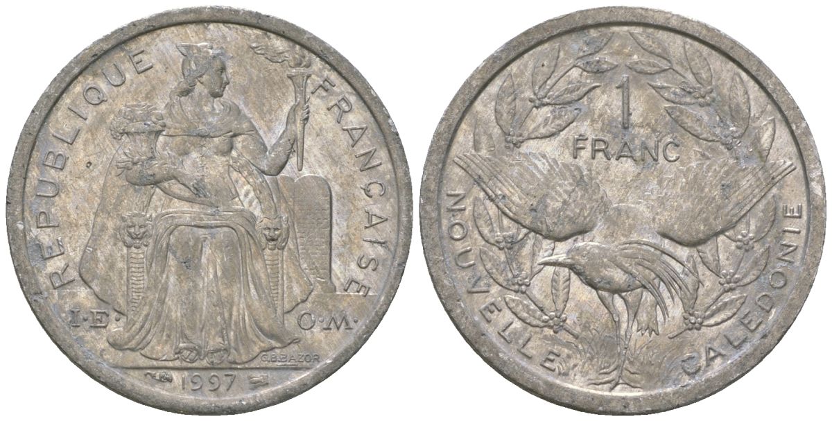 Французская Новая Каледония 1 франк 1997 птица кагу, (IEOM) KM 10, Schoen 10, Lec 52b алюминий 41-752