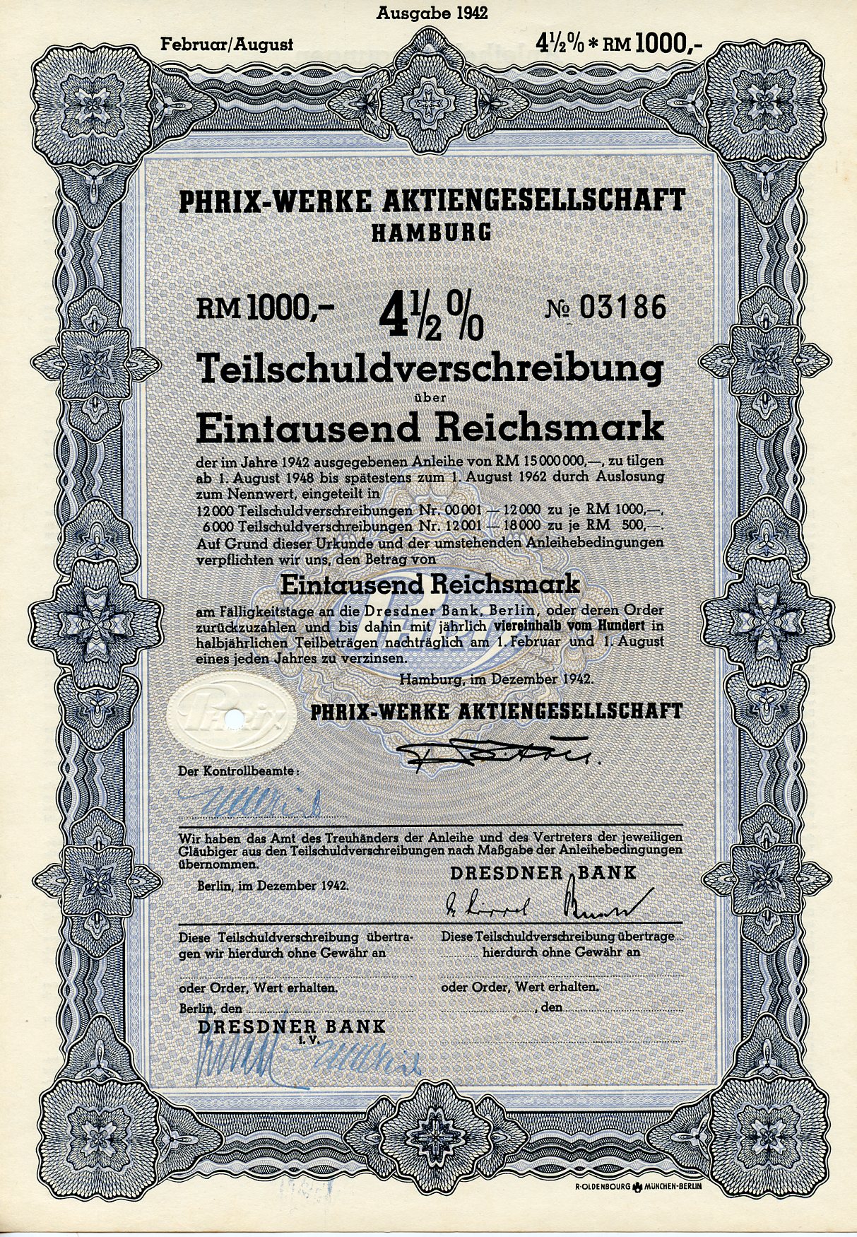 Германия 1000 рейхсмарок 1942 АО Phrix-Werke, Гамбург, 4 1/2% облигация   бумага 8804-107-1