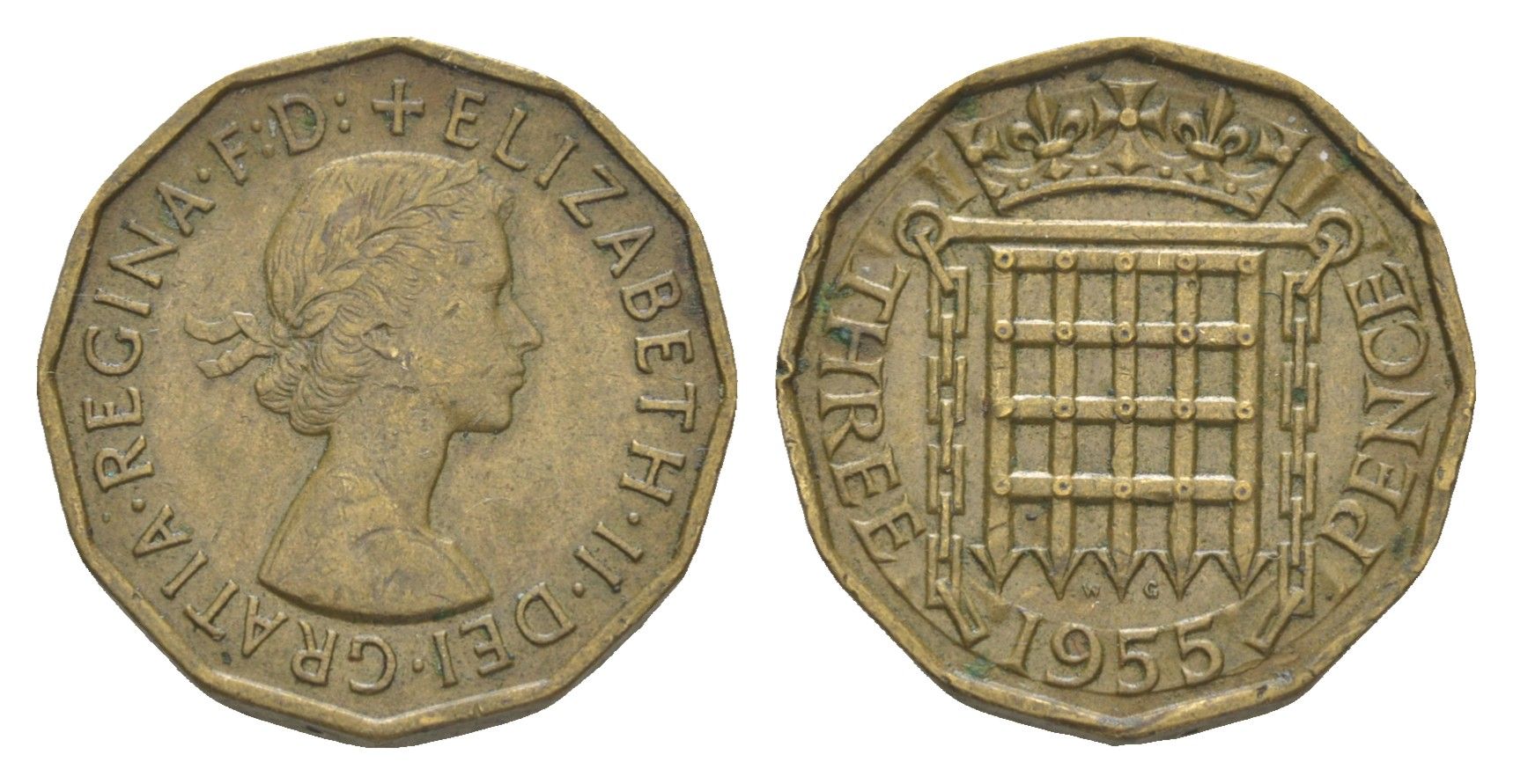 Великобритания 3 пенса 1955 Елизавета II (1952-2022) KM 900, Spink 4153 никель латунь 4571-631