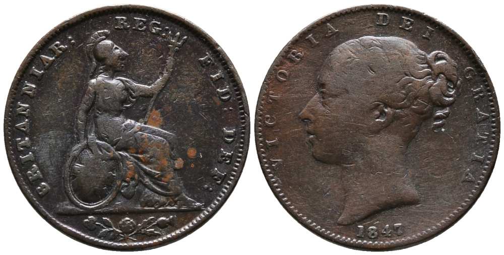 Великобритания 1 фартинг 1847 Виктория (1837-1901) KM 725, Spink 3950 медь  1518-1033