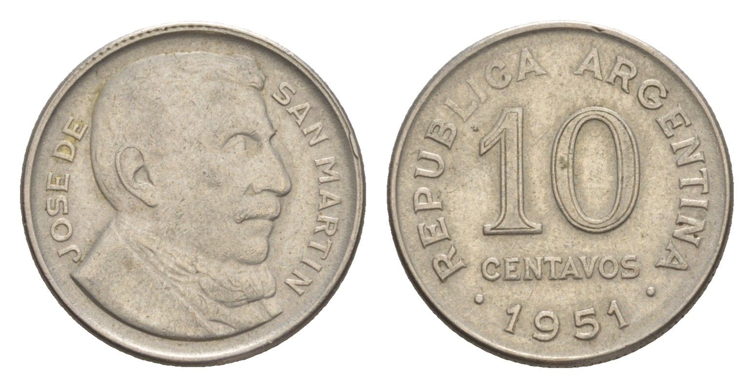 Аргентина 10 сентаво 1951 KM 47 медно-никель 4636-316