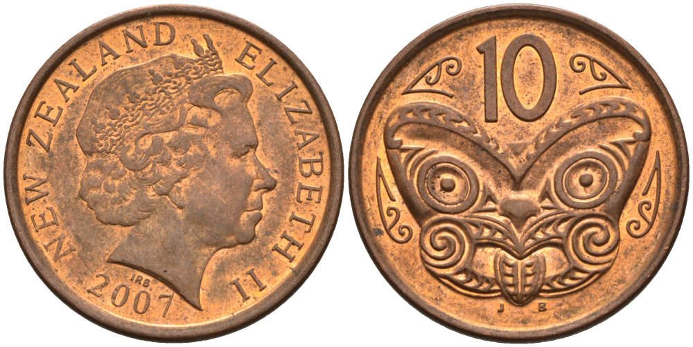 Новая Зеландия 10 центов 2007 маска Маори, Елизавета II (1952-) KM 117а сталь плакированная медью 4179-724