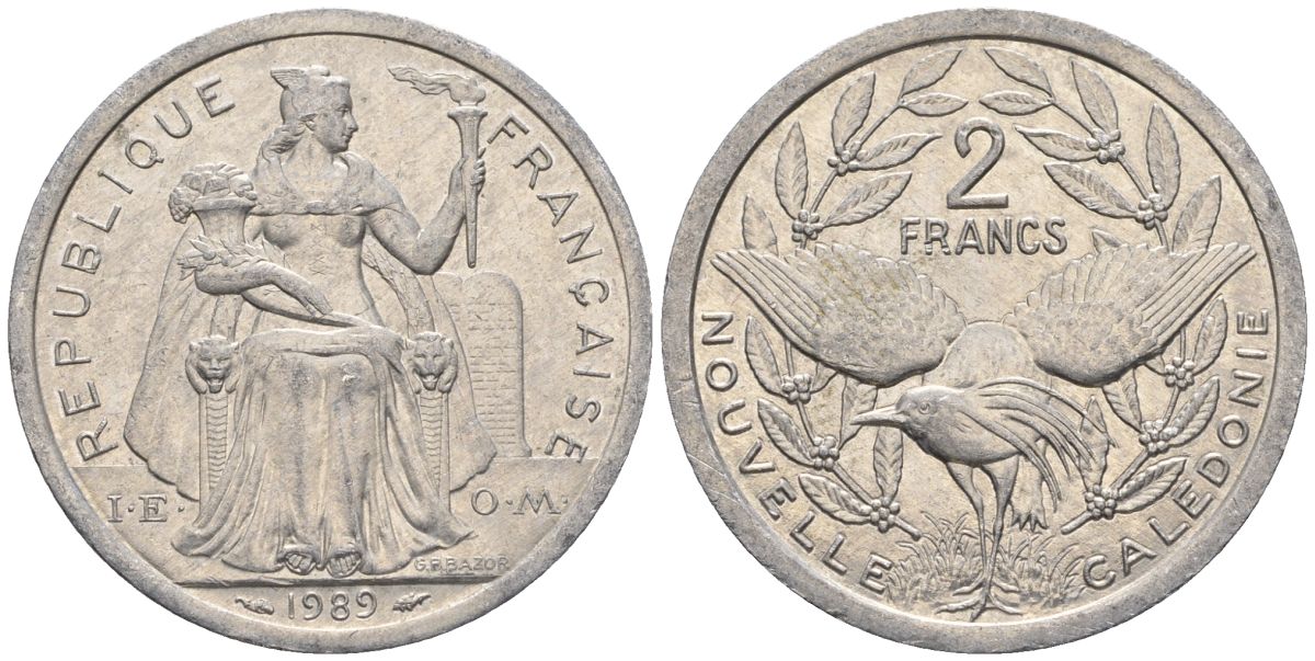 Французская Новая Каледония 2 франка 1989 птица кагу, (IEOM) KM 14, Schoen 11, Lec 65 алюминий    27-1117