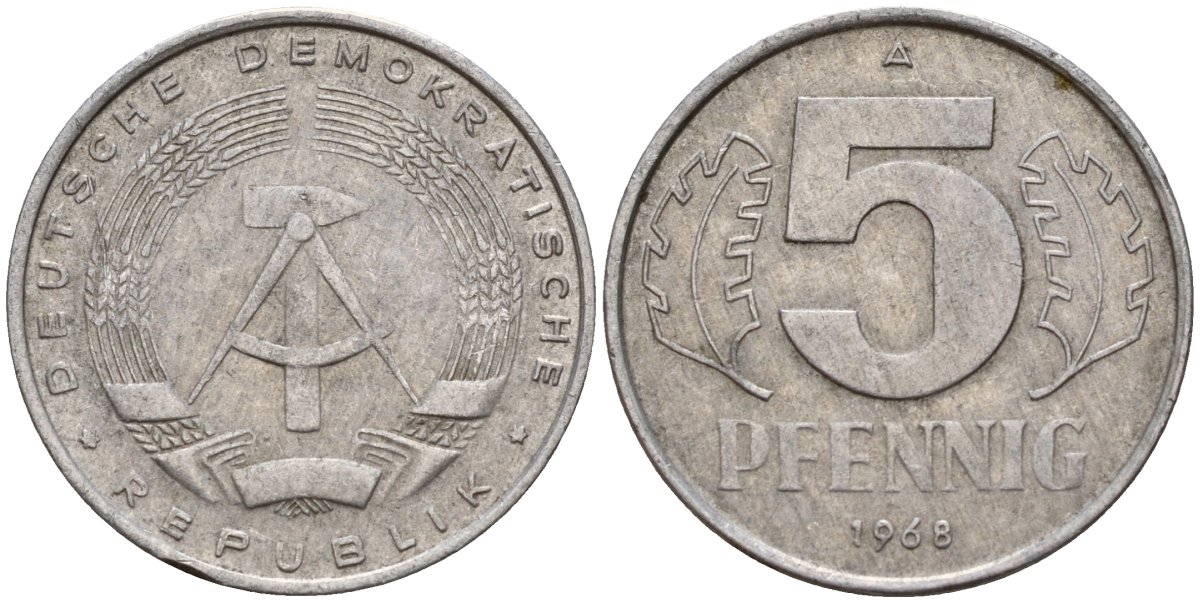 ГДР 5 пфеннигов 1968 A KM 9.1 алюминий 206-843