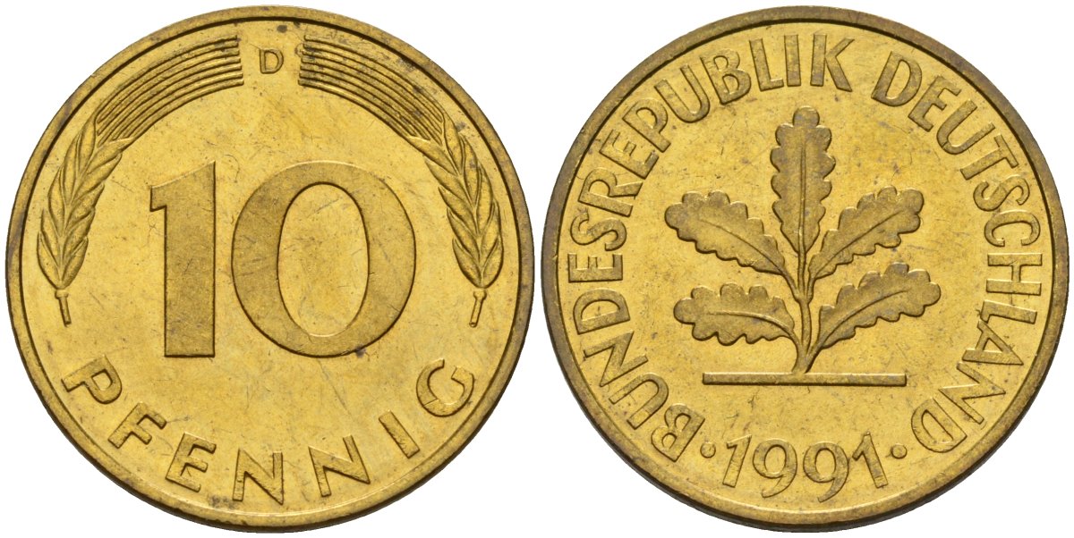 ФРГ 10 пфеннигов 1991 D KM 108, J. 383 сталь плакированная латунью 4175-956