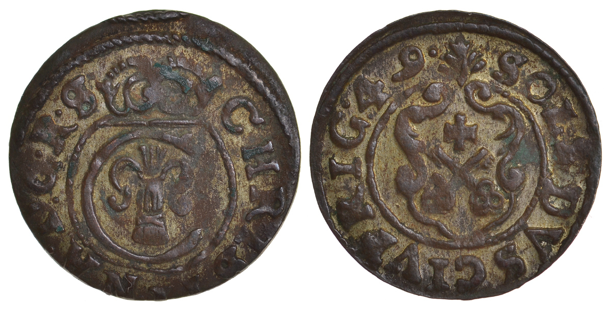 Ливония, Рига, шведская оккупация солид (шиллинг) 1649 Кристина (1634-1654) KM 21 серебро 1527-624