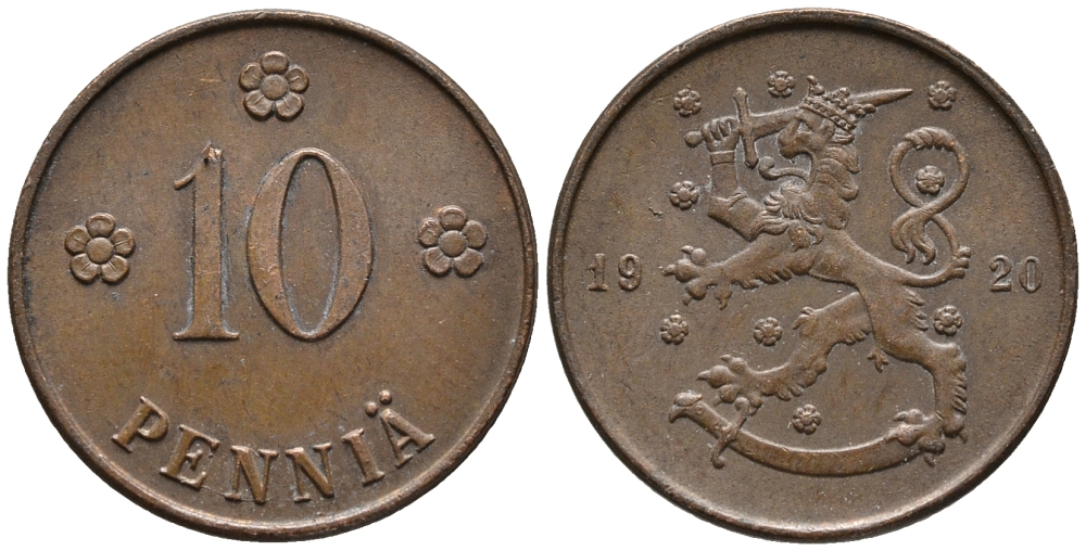 Финляндия 10 пенни 1920 республика (1918-1962) KM 24 медь 34-1036