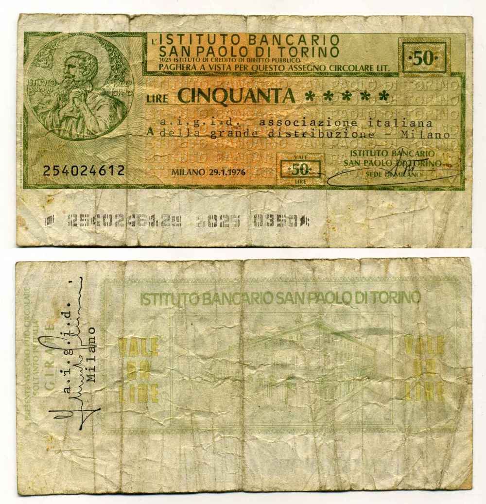 Италия чек на 50 лир 1976 Istituto Bancario san Paolo Di torino, итальянская ассоциация дистрибьюторов Милана, 29 января 1976 бумага 8588-10-2-1