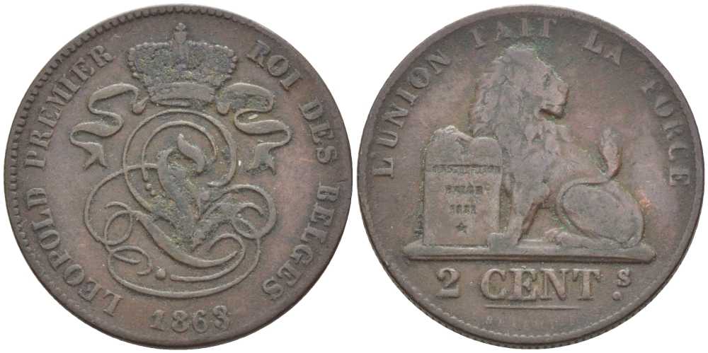 БЕЛЬГИЯ 2 САНТИМА 1863 BELGES, ЛЕОПОЛЬД I (1831-1865) KM 4.2 медь 119-316